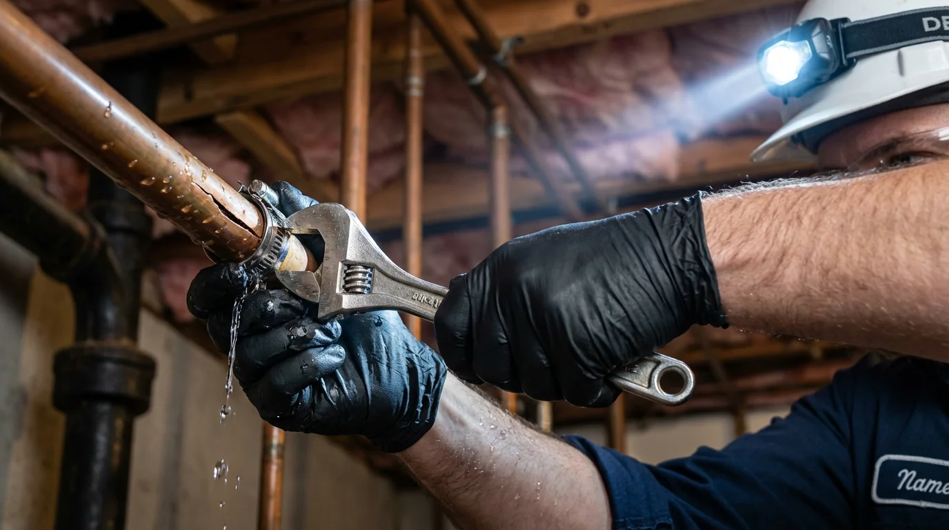 Emergency pipe clamp repair being performed by a Johns Plumbing LLC plumber in Naguabo