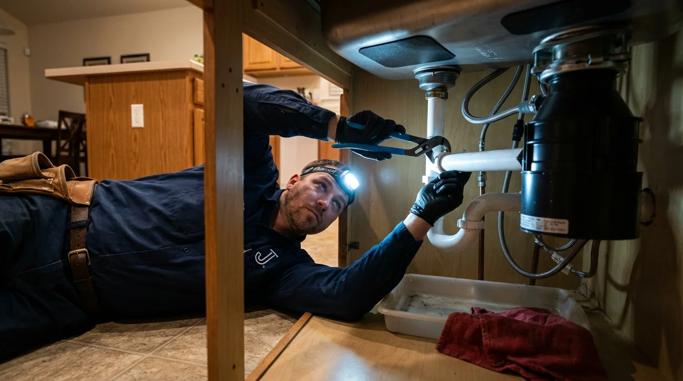 P-trap and supply line connections under a kitchen sink showing a common leak point in Naguabo, PR